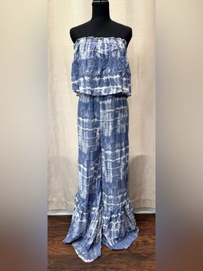 Japna Tie Dye Strapless Jumpsuit Large Blue White Boho Wide Leg Ruffle